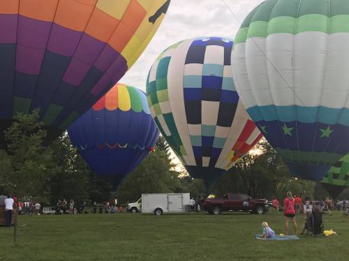Colorful hot air balloons are inflated in a park, with people gathered on the grass and a truck nearby.