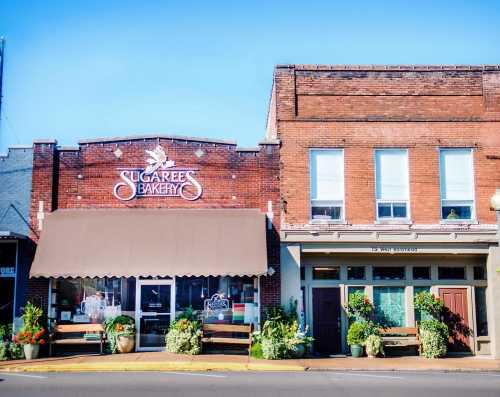 A charming brick bakery with a sign reading "Sugaree's Bakery," surrounded by colorful flower pots and a clear blue sky.