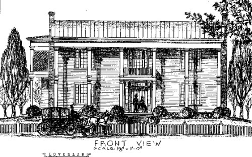 Architectural drawing of a two-story house with a front porch, flanked by trees and a horse-drawn carriage in front.
