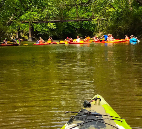A view from a kayak on a calm river, with several people in orange kayaks paddling nearby under lush green trees.