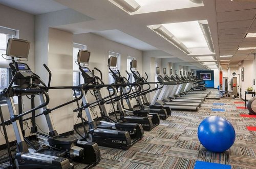 A modern gym with multiple elliptical machines, treadmills, and a blue exercise ball on the floor.
