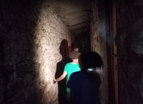 A dimly lit stone corridor with two people walking, casting shadows on the walls.