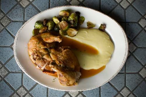 A plate featuring roasted chicken, creamy mashed potatoes, gravy, and Brussels sprouts on a patterned table.