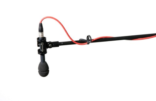 A close-up of a microphone attached to a boom arm with red and black cables.