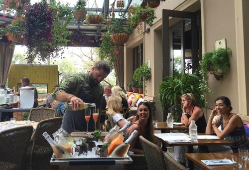 A waiter pours drinks at a lively restaurant with hanging plants, while guests enjoy their meals and conversation.
