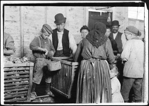 A group of children and adults working together in a rustic setting, sorting and processing produce.