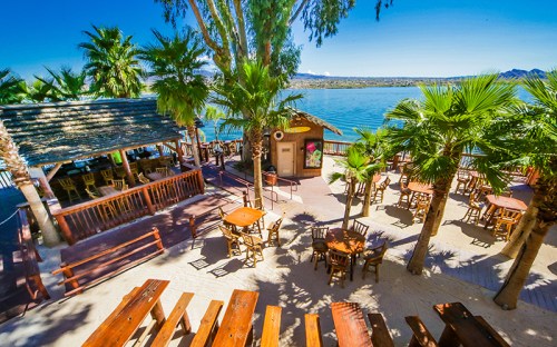 A sunny waterfront scene featuring a palm-lined patio with wooden tables and a thatched-roof bar by the water.