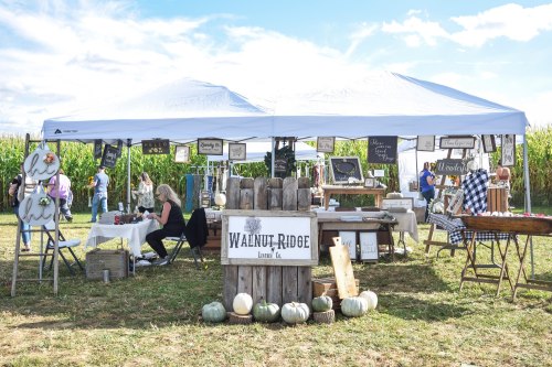A vendor booth at an outdoor market with signs, decor, and pumpkins, set against a backdrop of cornfields.