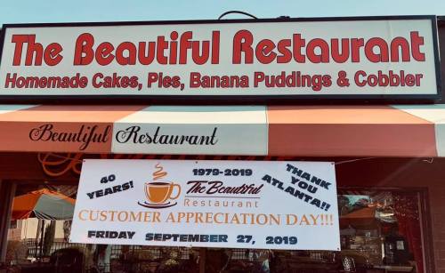 Sign for The Beautiful Restaurant celebrating 40 years with a banner for Customer Appreciation Day on September 27, 2019.