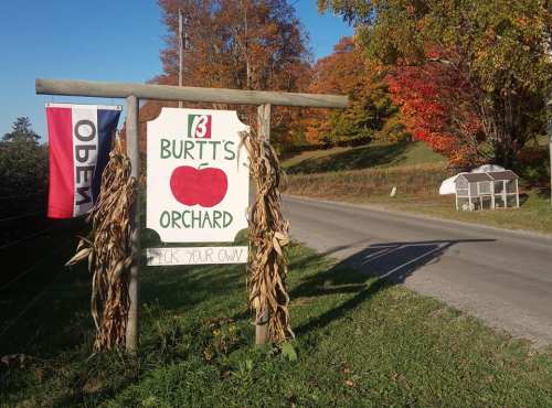 Sign for Burtt's Orchard with an apple graphic, surrounded by autumn foliage and a road in the background.