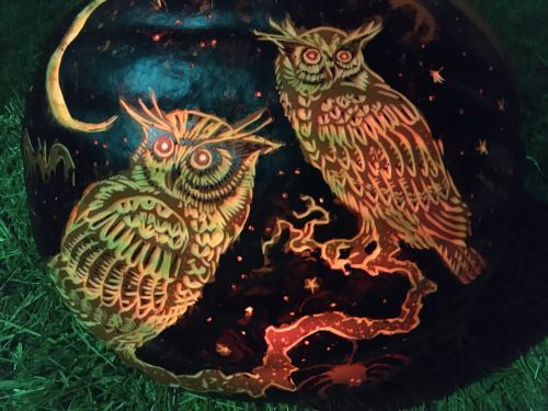 Two intricately carved owls with glowing eyes perched on a branch against a starry night background.