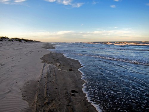 A serene beach scene with gentle waves lapping at the shore under a clear blue sky.