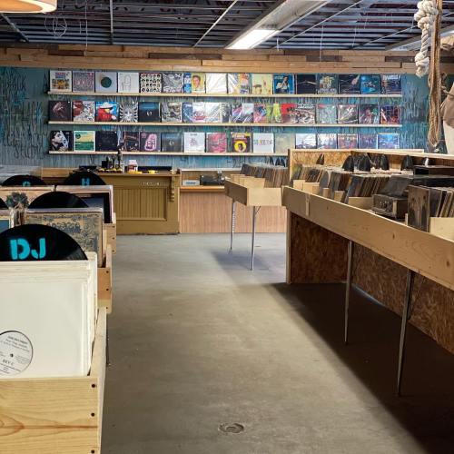 A cozy record store interior with wooden shelves filled with vinyl records and a DJ station in the foreground.
