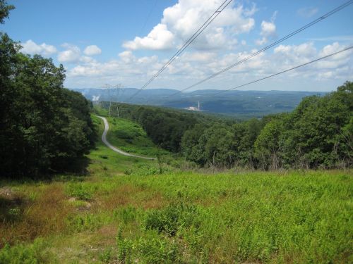 A scenic view of a winding road through green hills, with power lines and distant mountains under a blue sky.