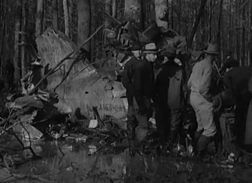 A group of people examines the wreckage of an aircraft in a wooded area, surrounded by debris and water.