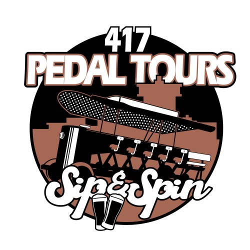 Logo for 417 Pedal Tours featuring a pedal-powered vehicle and the text "Sip & Spin."