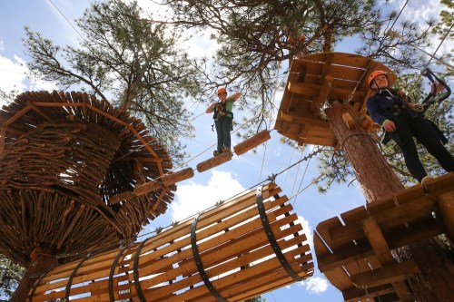 Two children in helmets navigate a wooden obstacle course among trees, with a treehouse structure in the background.