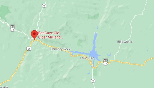 Map showing Bat Cave Old Cider Mill location near Lake Lure, Chimney Rock, and surrounding areas.