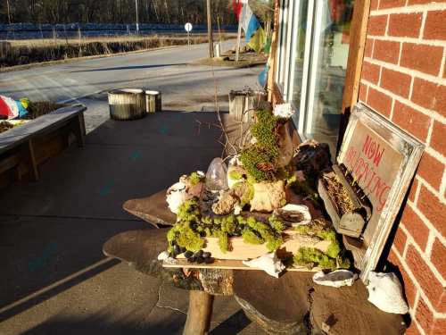 A rustic outdoor display featuring natural elements like moss, stones, and shells on a wooden table by a brick wall.