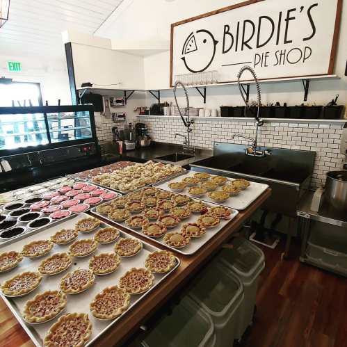 Interior of Birdie's Pie Shop featuring trays of colorful pies and a welcoming shop sign.