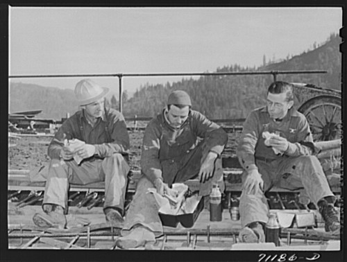 Three workers sitting on a wooden platform, eating lunch with a scenic forest backdrop.