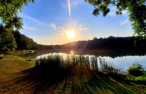 A serene lake at sunset, with trees framing the scene and sunlight reflecting on the water's surface.