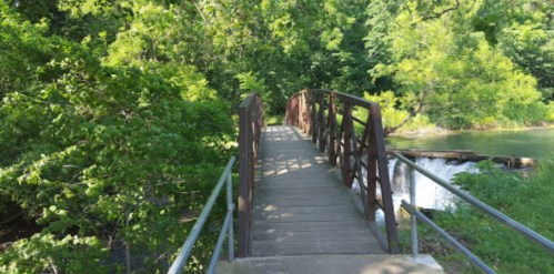 A wooden bridge over a small waterfall, surrounded by lush green trees and foliage.