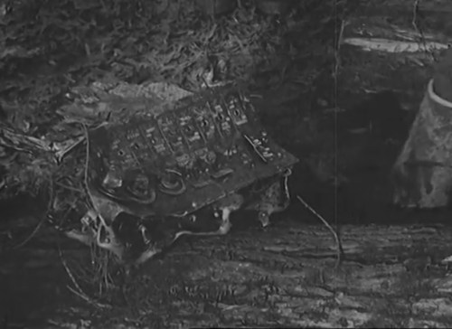 A weathered control panel rests on a log, surrounded by foliage and debris in a black-and-white setting.