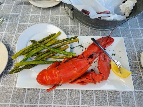 A cooked lobster on a plate with grilled asparagus and a lemon wedge, served on a checkered tablecloth.