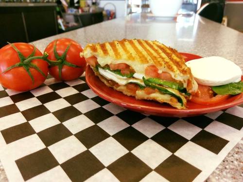 A grilled sandwich with tomatoes and spinach on a red plate, accompanied by two fresh tomatoes, on a checkered tablecloth.