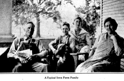 A typical Iowa farm family poses together on a porch, featuring four members and a dog.