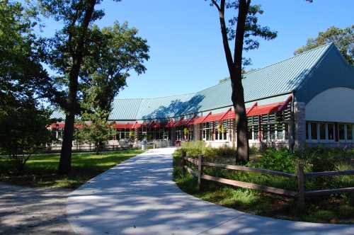 A modern building with a green roof, surrounded by trees and a pathway leading to its entrance.