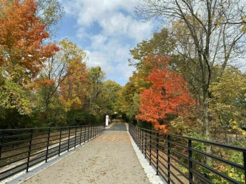 A scenic pathway lined with colorful autumn trees under a partly cloudy sky.