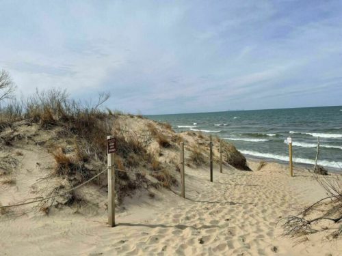 A sandy path leads to the ocean, flanked by dunes and wooden posts, under a cloudy sky.