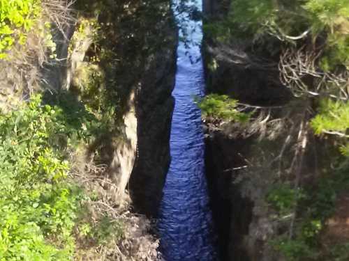 A narrow waterway flows between steep, rocky cliffs, surrounded by lush greenery.