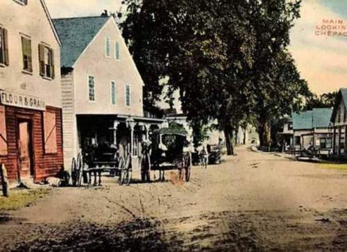 Historic street scene featuring vintage buildings, horse-drawn wagons, and a grain store in a small town.