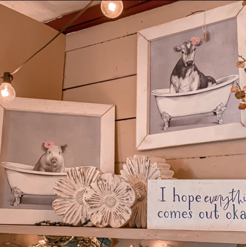Two framed animal portraits of a pig and a cow in bathtubs, with a sign that reads, "I hope everything comes out okay."