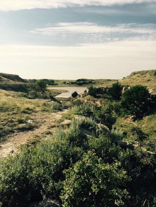 A scenic view of a river winding through grassy hills and shrubs under a partly cloudy sky.