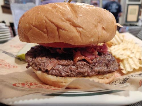 Close-up of a juicy hamburger with bacon and tomato, served on a toasted bun with a side of potato chips.