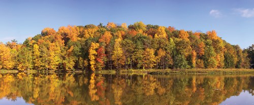 A vibrant autumn landscape with colorful trees reflecting in a calm lake under a clear blue sky.