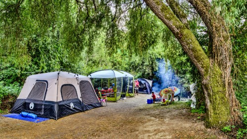 A campsite with several tents surrounded by trees, with smoke rising from a fire pit in the background.