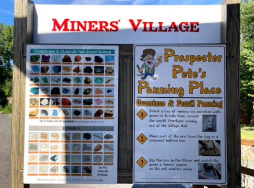 Signboard at Miners Village featuring gemstone images and details about Prospector Pete's panning activities.