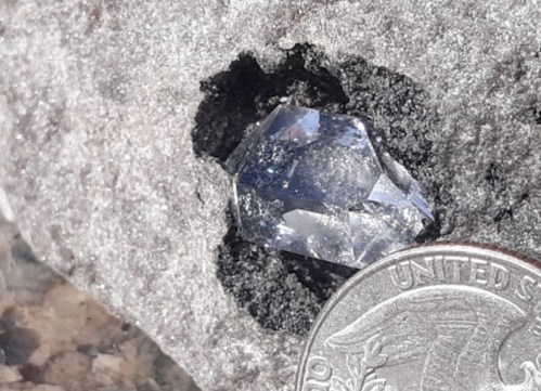 A clear crystal embedded in gray rock, next to a quarter for scale.