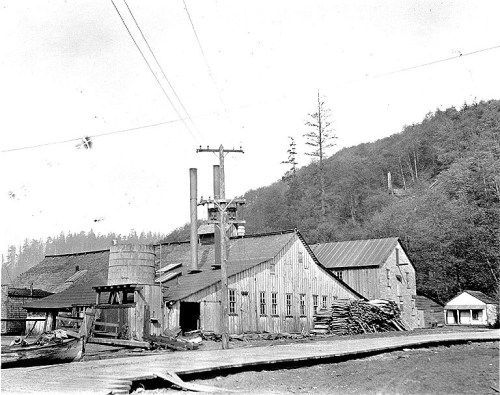 Black and white photo of a wooden industrial building surrounded by trees and power lines. Logs are stacked nearby.