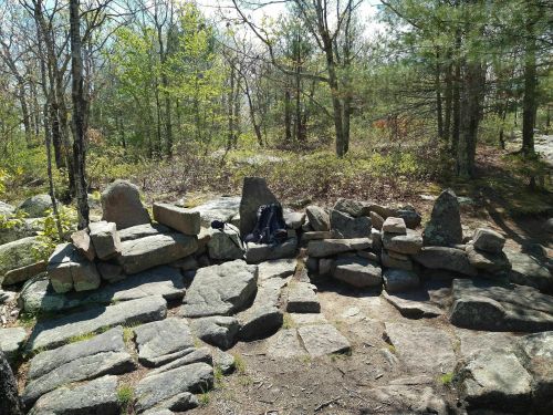A rocky area in a forest with scattered stones and a backpack, surrounded by trees and greenery.