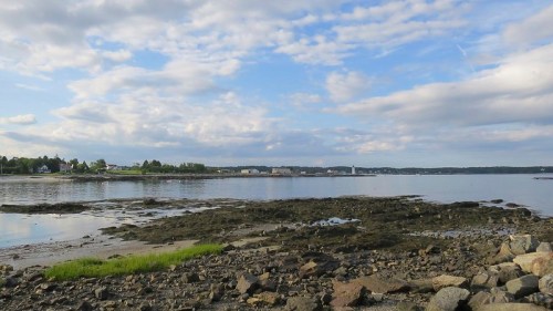 A serene coastal landscape with rocky shorelines, calm water, and a cloudy sky reflecting over the horizon.
