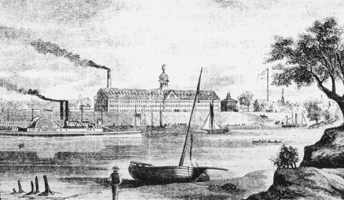Historic black-and-white illustration of a riverside scene with boats, factories, and smoke rising in the background.