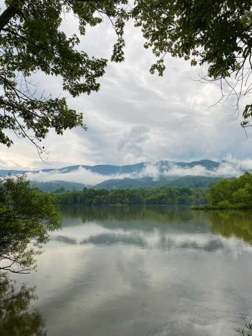 A serene lake reflects mountains and cloudy skies, framed by lush greenery and trees.