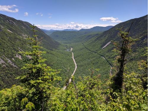 A scenic view of a lush green valley with a winding river, surrounded by mountains under a clear blue sky.