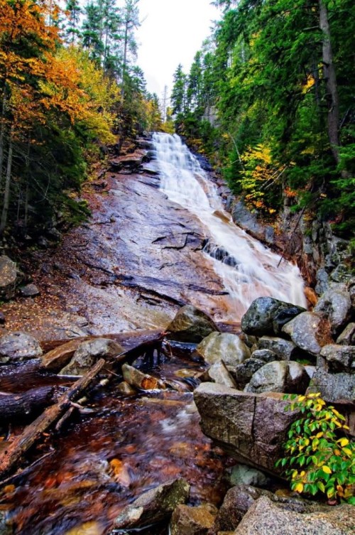 A cascading waterfall flows down a rocky slope, surrounded by vibrant autumn foliage and lush green trees.